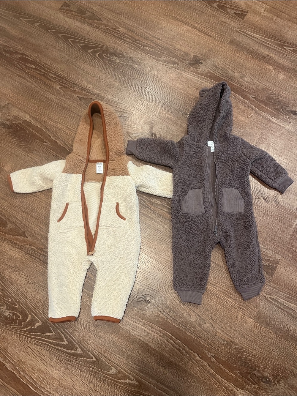 Carter's Cream & Brown Sherpa Hooded One-Pieces (Set of 2)